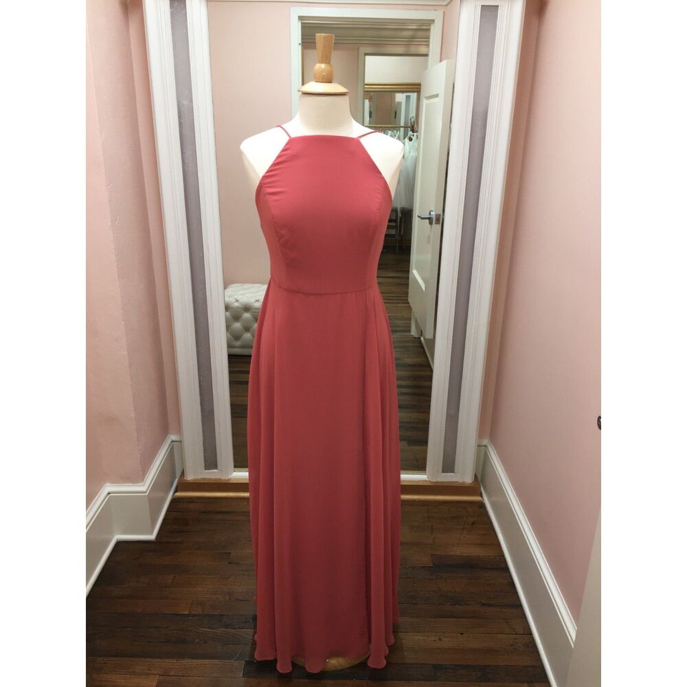 Dessy Long Rouge Chiffon High Neck Halter Low Back Bridesmaid Formal Dress Slit